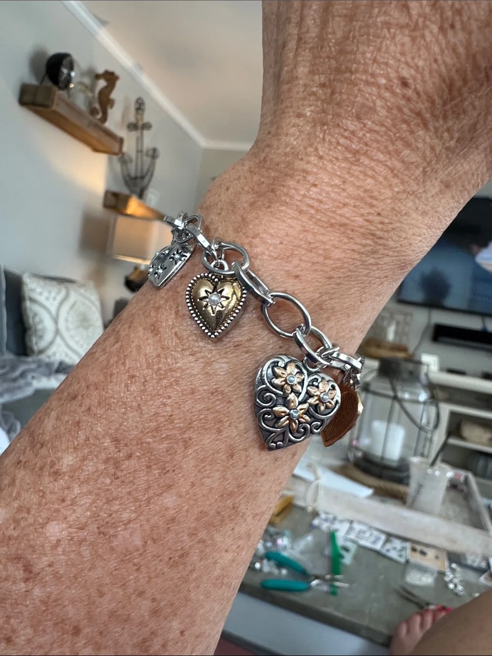 Two-Tone Heart Charm Bracelet - Silver & Gold Accents